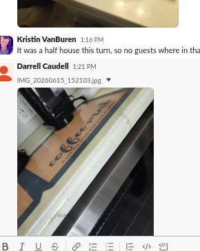 Slack post: coffee bar mat wiped down during a half-house turn