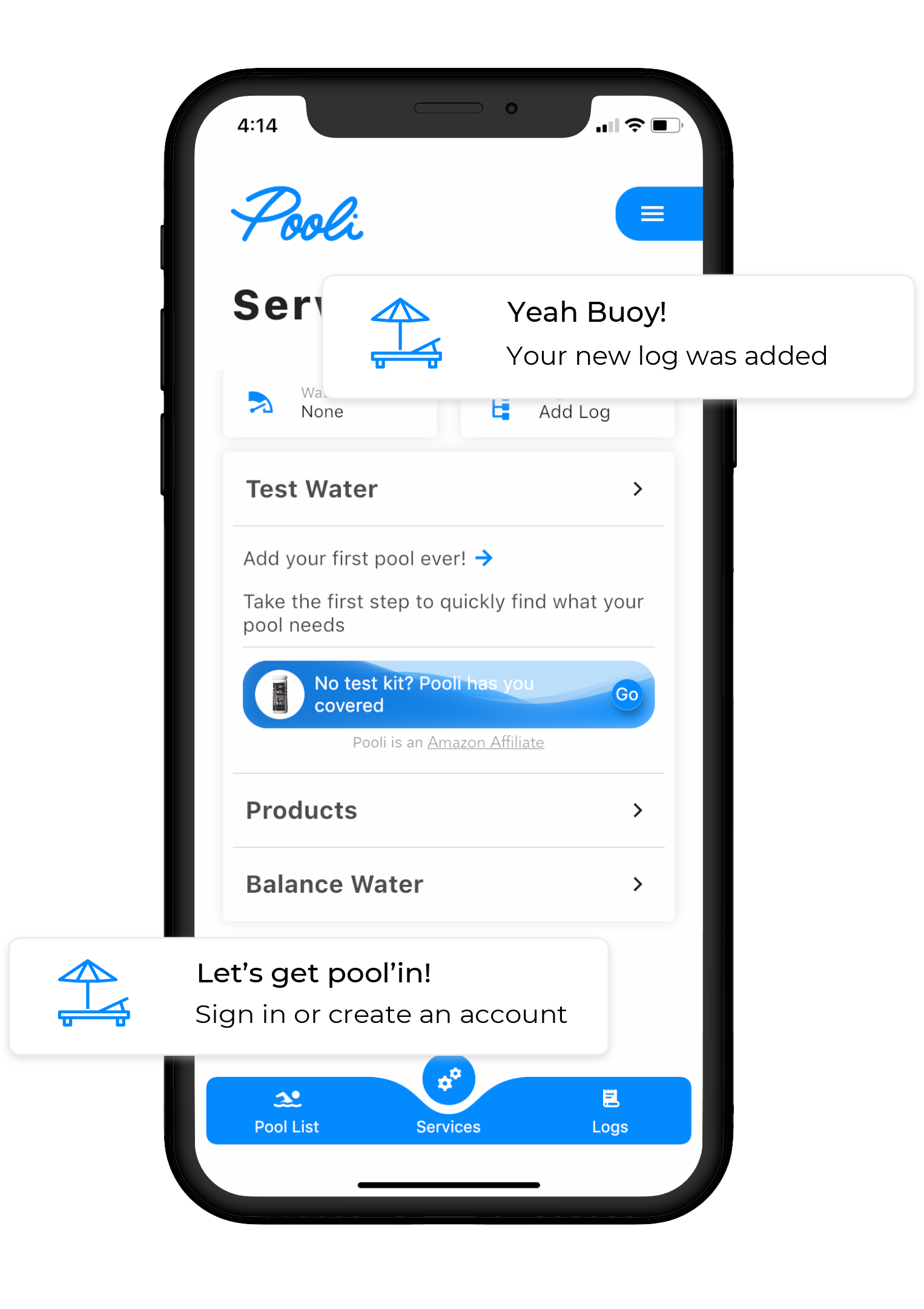 The Pooli app for logging pool water tests